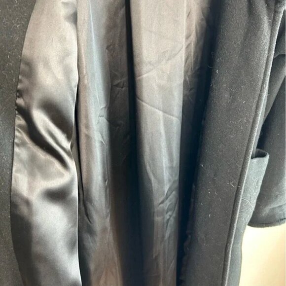 Long Over Coat Premium Virgin Wool Cashmere Faux Fur Collar Black Large Petite - Picture 9 of 9